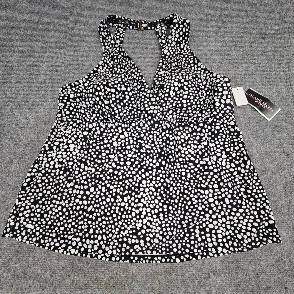 Island Escape Womens Tankini Top‎ Underwire Halter Polka Dot Swimwear Black 24W